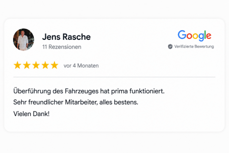Google-Bewertung – Jens Rasche 5-Sterne Google-Bewertung zur Fahrzeugüberführung durch unser Fahrerteam