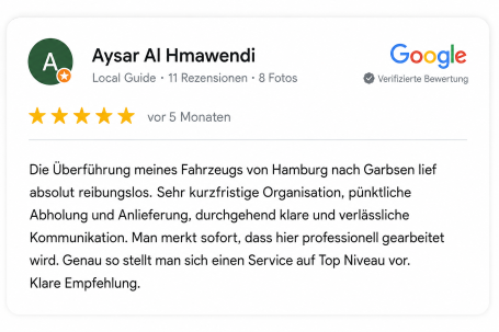 Google-Bewertung – Aysar Al Hmawendi 5-Sterne Google-Bewertung zur Fahrzeugüberführung mit Fahrzeugservice Hamburg