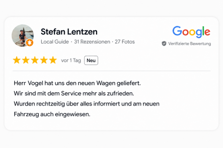 Google-Bewertung – Stefan Lentzen 5-Sterne Google-Bewertung zur Auslieferung eines Neuwagens durch Fahrzeugservice Hamburg