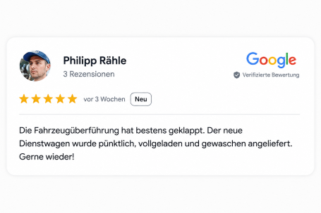 Google-Bewertung – Philipp Rähle Philipp: 5-Sterne Google-Bewertung zur pünktlichen Fahrzeugüberführung eines Dienstwagens